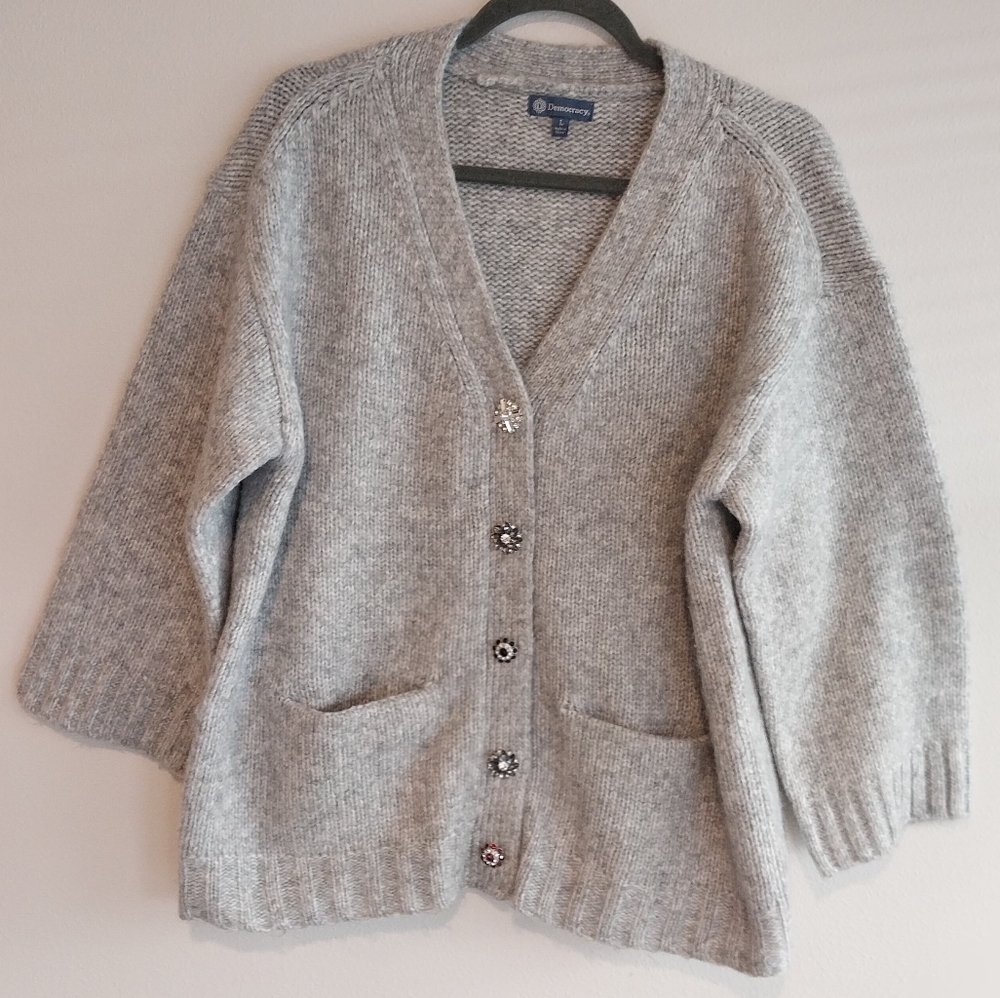 Democracy Heather Gray Two Pocket Cardigan w/Floral Rhinestone Buttons
